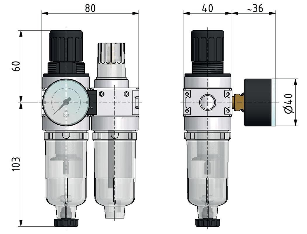 FRL 2 Partes G1/8'' 700l/min 0.5-10.0bar/7-145psi Auto (Cerrado Sin Presión) Manómetro de 40 mm Policarbonato Multifix 0