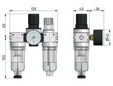 FRL 3 Partes G1/4'' 750l/min 0.2-6.0bar/3-87psi Auto (Cerrado Sin Presión) Manómetro de 40 mm Policarbonato Multifix 0