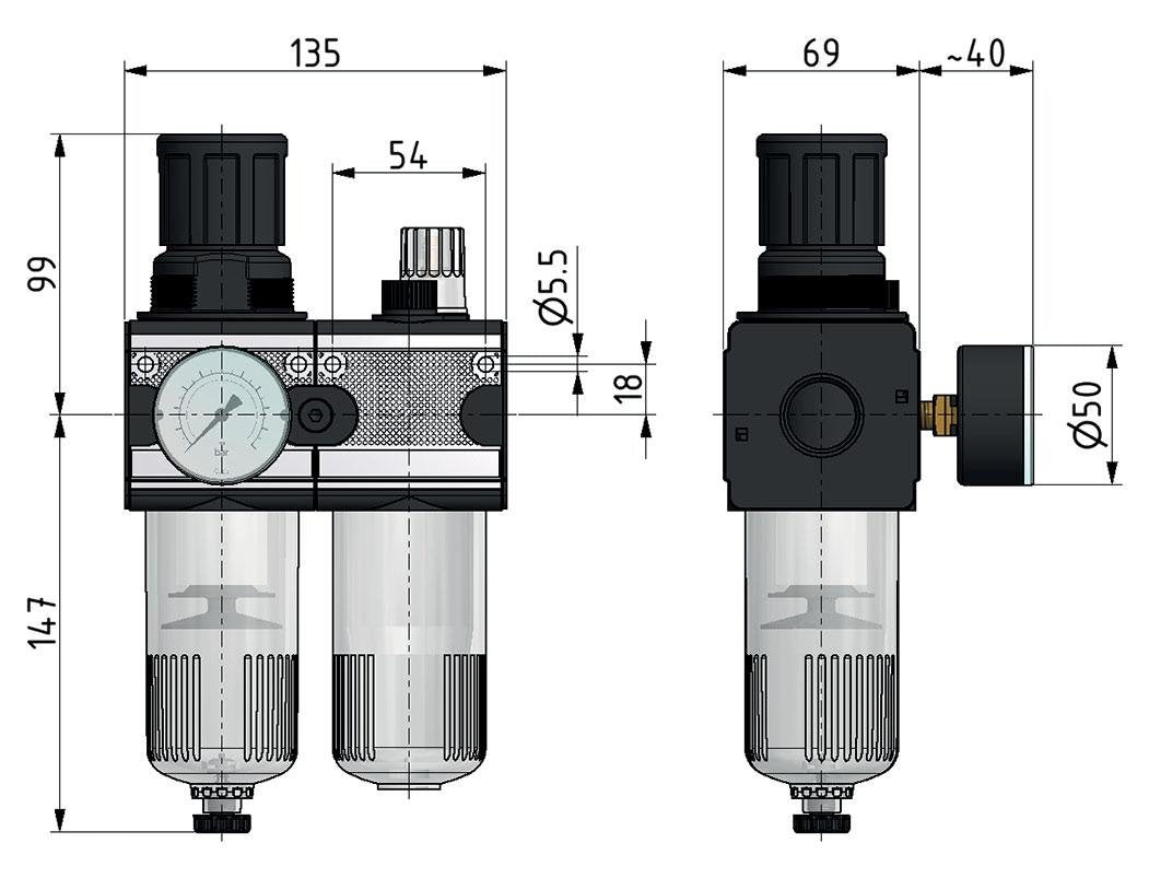 FRL 2 Partes G1/2'' 5800l/min 0.5-10.0bar/7-145psi Bloqueo de Cilindro Semiautomático de Metal Multifix 2