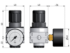 Regulador de presión G1/4'' 1450l/min 0,2-6,0bar/3-87psi Manómetro de 40 mm Multifix 0