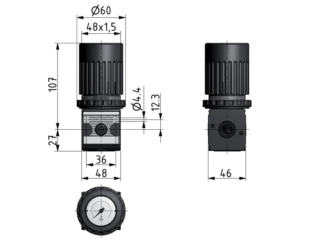 Regulador de presión G1/4'' 2100l/min 0.5-10.0bar/7-145psi Perilla de fundición de zinc con manómetro Multifix 1