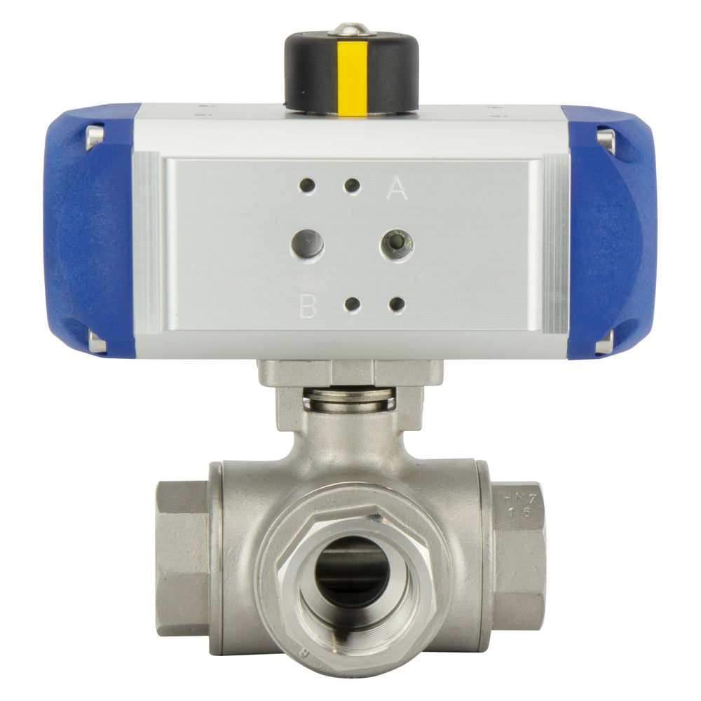 Válvula de bola neumática G1-1/2'' de 3 vías y puerto en L de acero inoxidable y doble efecto - BL3SA