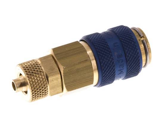 Acoplamiento de aire de latón DN 5 azul Toma 4x6 mm Tuerca de unión Doble cierre