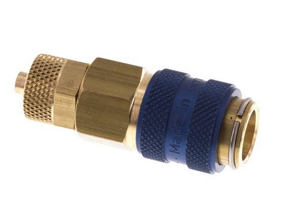 Acoplamiento de aire de latón DN 5 azul Toma 4x6 mm Tuerca de unión Doble cierre