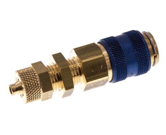 Latón DN 5 Azul Acoplamiento de aire Socket 4x6 mm Unión Tuerca Pasamuros Doble Cierre