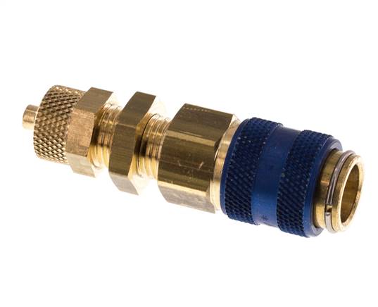 Latón DN 5 Azul Acoplamiento de aire Socket 4x6 mm Unión Tuerca Pasamuros Doble Cierre