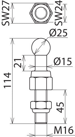 Punta esférica fija recta M16x45mm perno roscado y tuerca 25mm - 755645