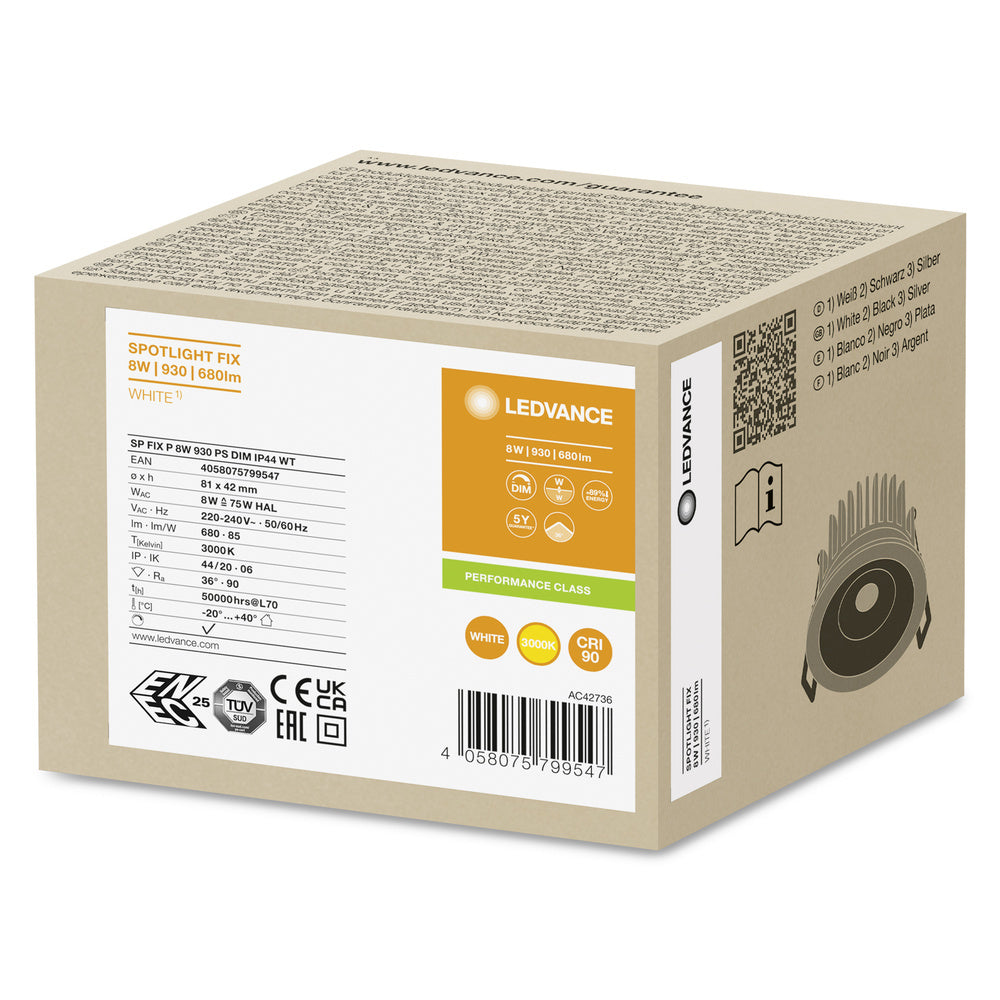 Ledvance 8W Fijo Led Empotrado IP44 Blanco Cálido - 4058075799547