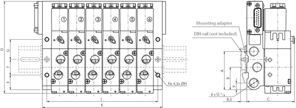 G1/4'' 14x Terminal de válvulas neumático 24V CC 1,5-8bar/21,0-112psi Multipolo E.MC