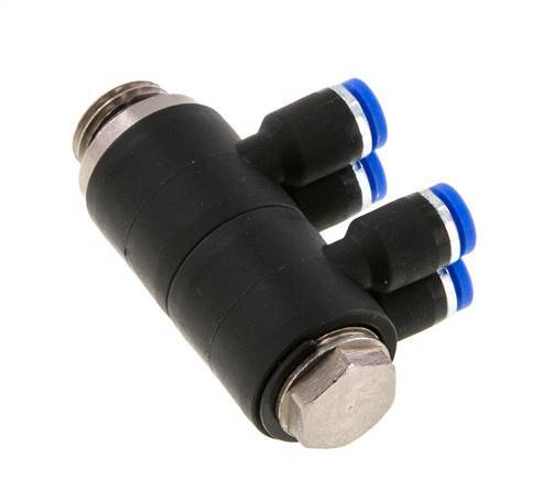 4mm x G1/4'' 4-way Manifold Push-in Fitting with Male Threads Brass/PA 66 NBR Rotatable