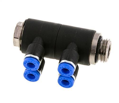 4mm x G1/4'' 4-way Manifold Push-in Fitting with Male Threads Brass/PA 66 NBR Rotatable