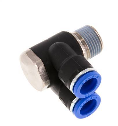 Codo doble de 90 grados de 10mm x R3/8'' con rosca macho Latón/PA 66 NBR Giratorio