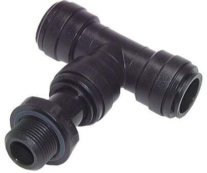 Racor en T de 28mm x G1'' con rosca macho POM NBR FDA Giratorio