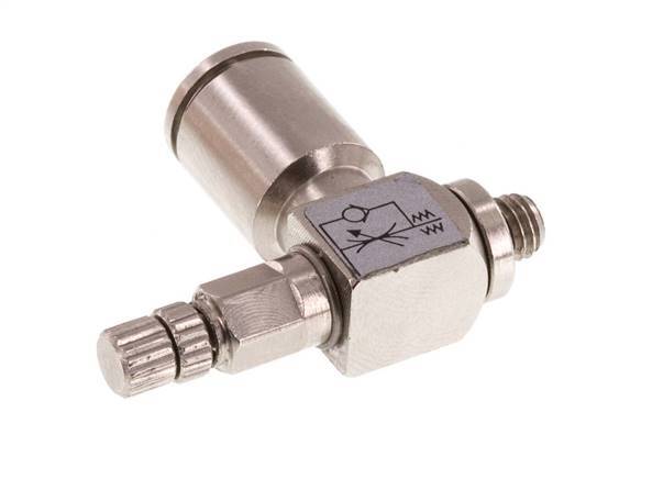 Válvula reguladora de caudal Codo Meter-In 6 mm - Tornillo moleteado de latón M5