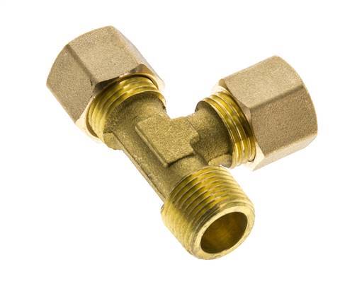 Accesorio de compresión en T en ángulo recto de latón de 10 mm y R3/8'' con rosca macho 95 bar DIN EN 1254-2