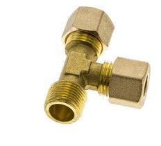 Accesorio de compresión en T en ángulo recto de latón de 10 mm y R3/8'' con rosca macho 95 bar DIN EN 1254-2