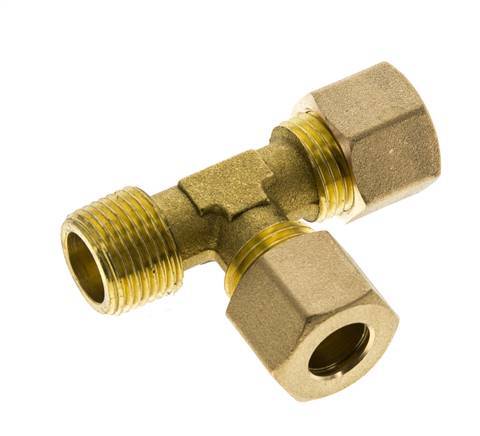 Accesorio de compresión en T en ángulo recto de latón de 10 mm y R3/8'' con rosca macho 95 bar DIN EN 1254-2