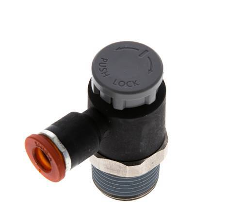 Válvula de control de flujo Codo de medición 6 mm - R3/8'' Latón/PA 66 Tuerca de seguridad