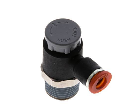 Válvula de control de flujo Codo de medición 6 mm - R3/8'' Latón/PA 66 Tuerca de seguridad