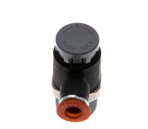 Válvula de control de flujo Codo de medición 6 mm - R3/8'' Latón/PA 66 Tuerca de seguridad