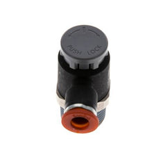 Válvula de control de flujo Codo de medición 6 mm - R3/8'' Latón/PA 66 Tuerca de seguridad