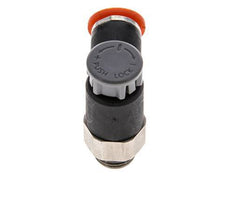 Válvula reguladora de caudal Codo de entrada 6 mm - G1/8'' Latón/PA 66 Tuerca de seguridad