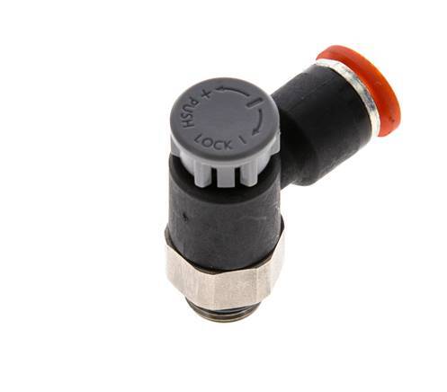 Válvula reguladora de caudal Codo de entrada 6 mm - G1/8'' Latón/PA 66 Tuerca de seguridad