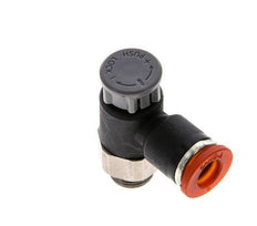 Válvula reguladora de caudal Codo de entrada 6 mm - G1/8'' Latón/PA 66 Tuerca de seguridad