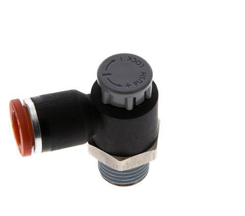 Válvula de control de flujo Codo de medición 8 mm - R1/4'' Latón/PA 66 Tuerca de seguridad