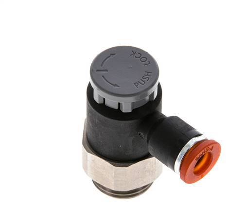 Válvula reguladora de caudal Codo de entrada 6 mm - G3/8'' Latón/PA 66 Tuerca de seguridad