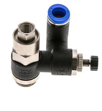 Silenciador de control de flujo Medidor de salida giratorio de 10 mm - G3/8''-G1/8'' Latón/PA 66 con válvula de retención accionada por piloto