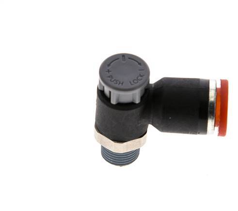 Válvula de control de flujo Codo de medición 8 mm - R1/8'' Latón/PA 66 Tuerca de seguridad