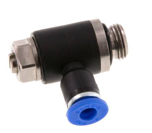 Codo de salida del silenciador de control de flujo 4 mm - G1/8'' Latón/PA 66 Tornillo ranurado
