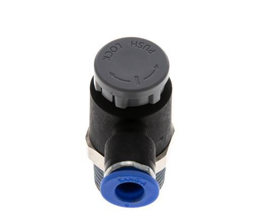 Válvula de control de flujo Codo de salida del medidor 6 mm - R3/8'' Latón/PA 66 Tuerca de seguridad