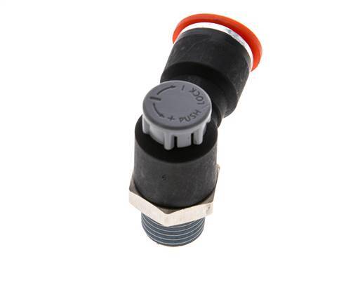 Válvula de control de flujo Codo de entrada al medidor 10 mm - R1/4'' Latón/PA 66 Tuerca de seguridad