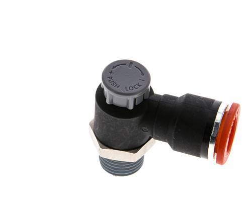 Válvula de control de flujo Codo de entrada al medidor 10 mm - R1/4'' Latón/PA 66 Tuerca de seguridad