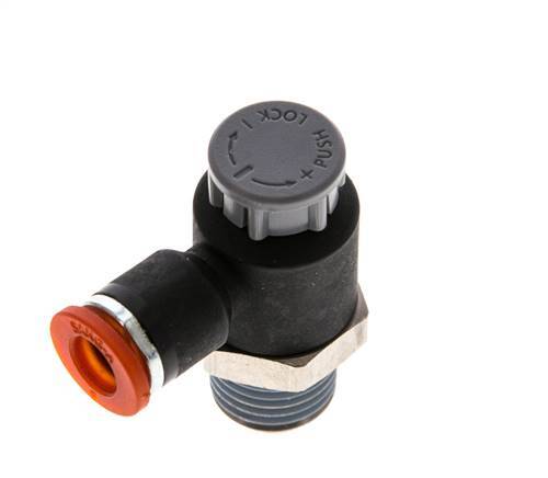 Válvula de control de flujo Codo de entrada de medidor 6 mm - R1/4'' Latón/PA 66 Tuerca de seguridad