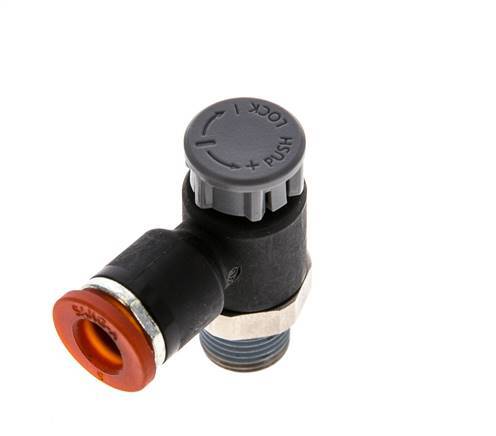 Válvula de control de flujo Codo de entrada de medidor 6 mm - R1/8'' Latón/PA 66 Tuerca de seguridad
