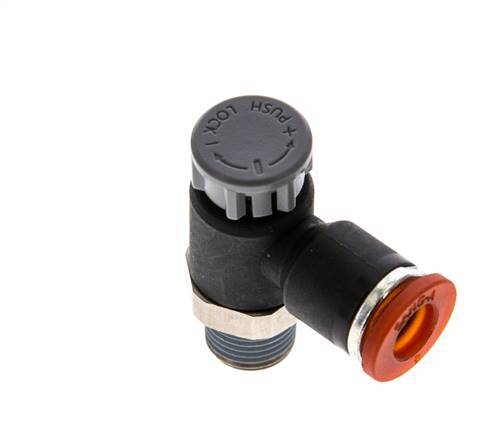 Válvula de control de flujo Codo de entrada de medidor 6 mm - R1/8'' Latón/PA 66 Tuerca de seguridad