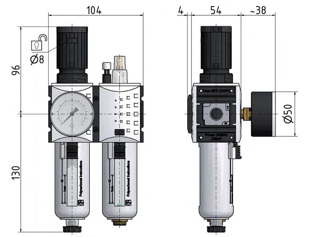 FRL 2 Partes G1/4'' 1750l/min 0.5-8.0bar/7-116psi Semi-Auto Metal Futura 1