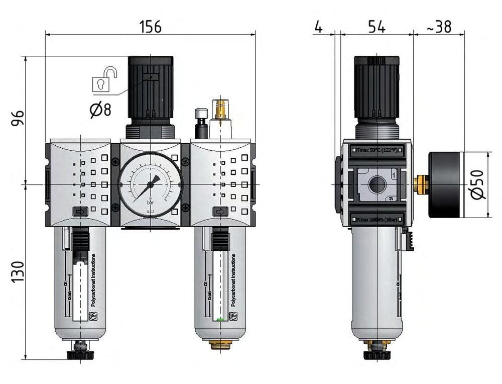 FRL 3 Partes G1/4'' 1750l/min 0.1-2.0bar/1-29psi Semi-Auto Metal Futura 1