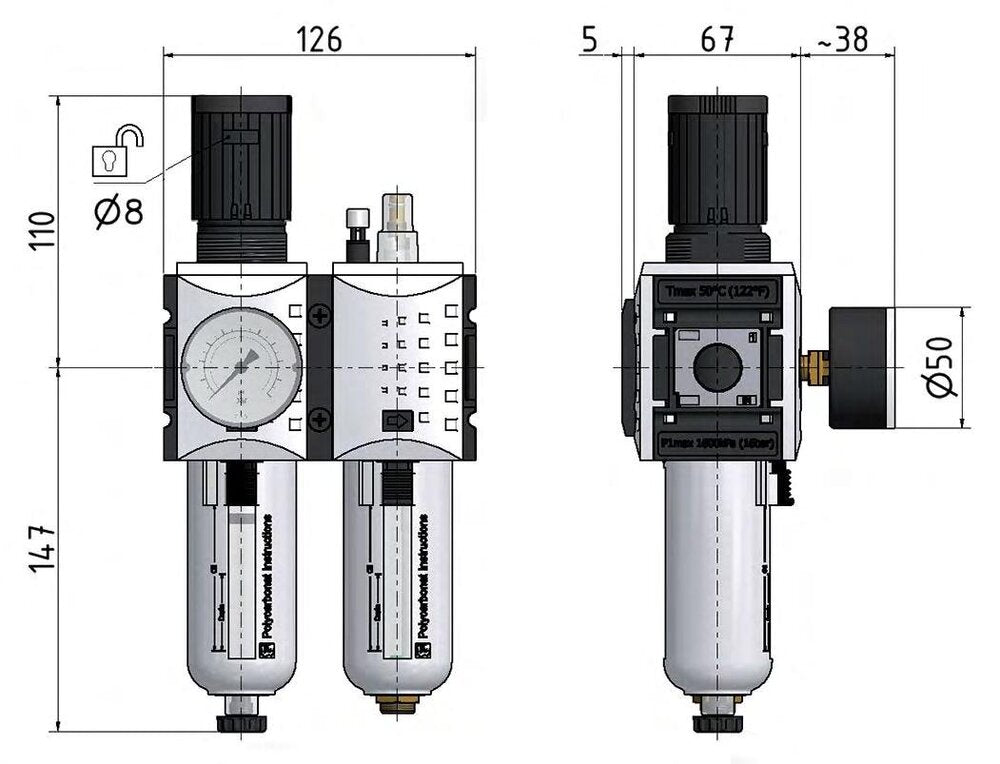 FRL G1/2'' 3500l/min 0.2-4.0bar/3-58psi Futura 2