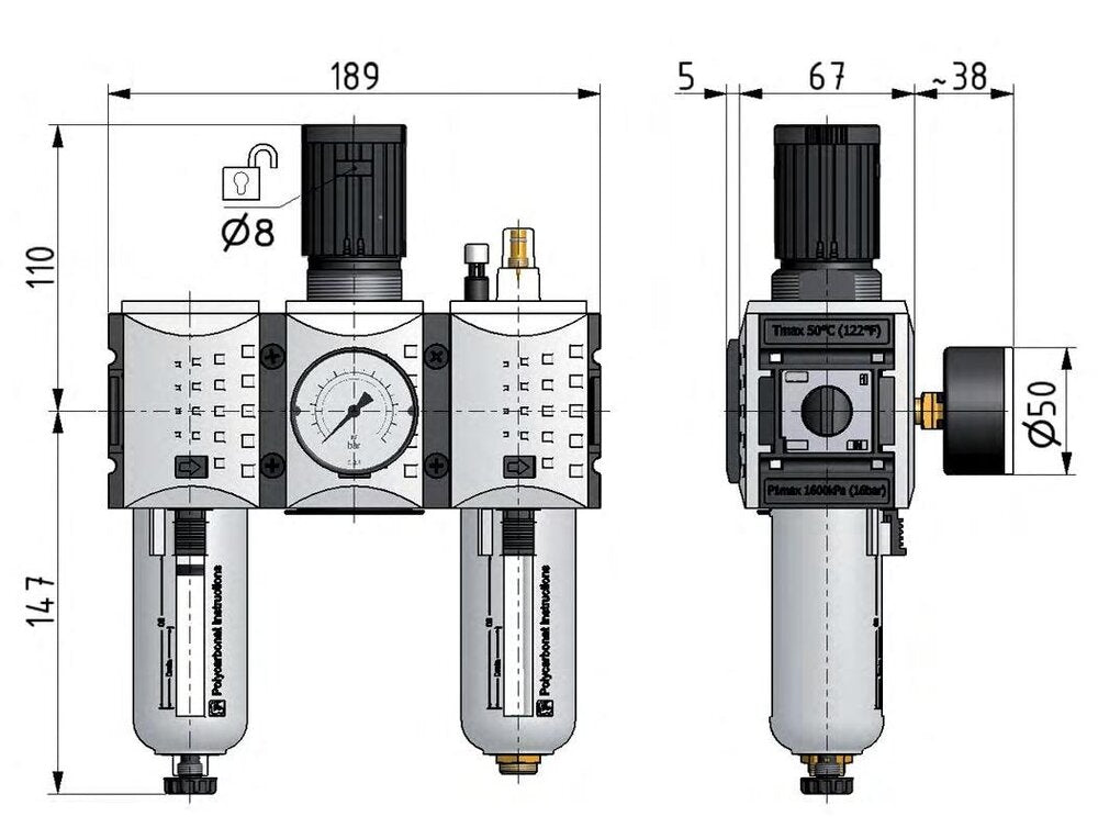 FRL 3 Partes G1/2'' 3500l/min 0.1-2.0bar/1-29psi Semi-Auto Policarbonato Futura 2