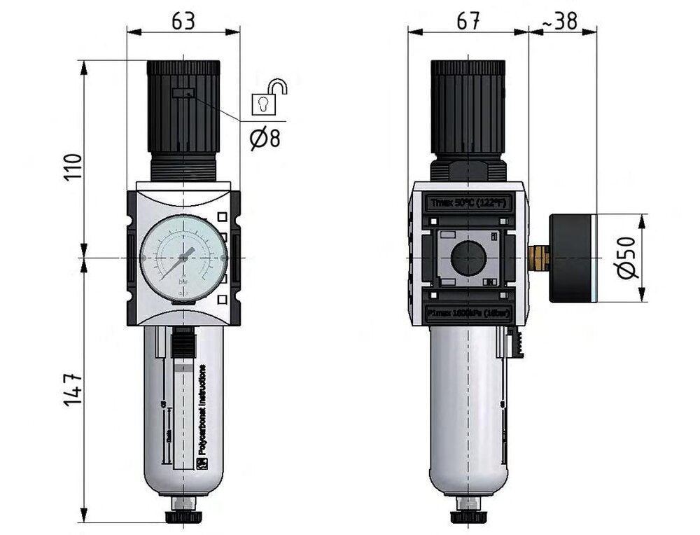 Filtro-regulador G1/2'' 5200l/min 0.2-4.0bar/3-58psi Auto Metal Futura 2