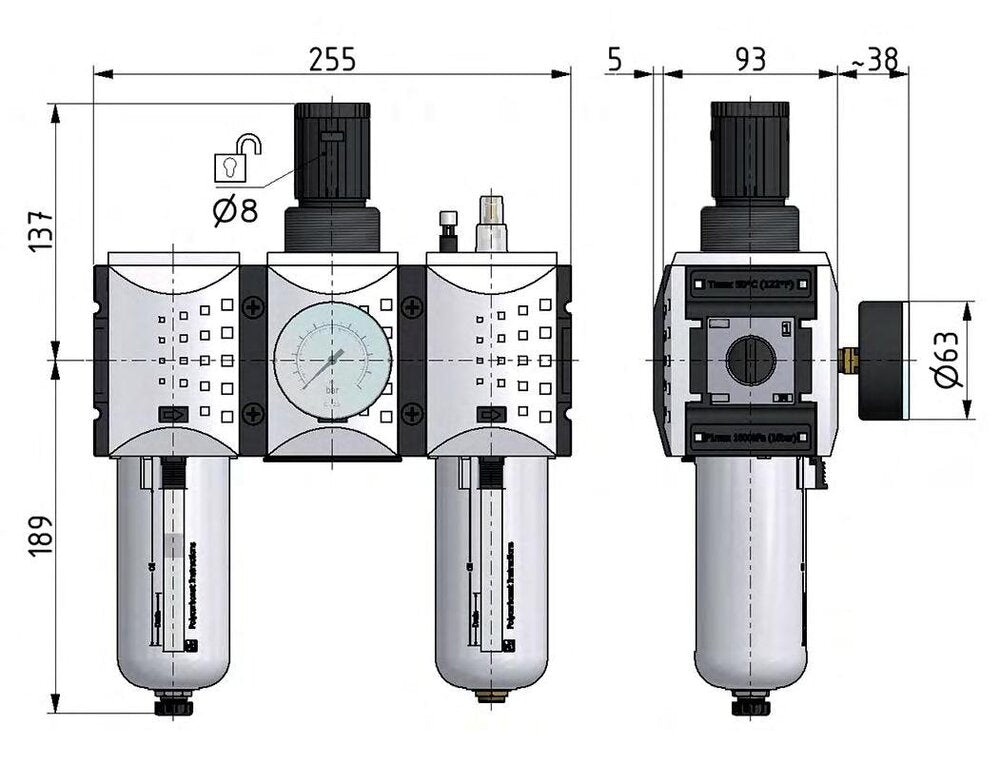 FRL 3 Partes G3/4'' 12000l/min 0.5-10.0bar/7-145psi Semi-Automático Policarbonato Futura 4