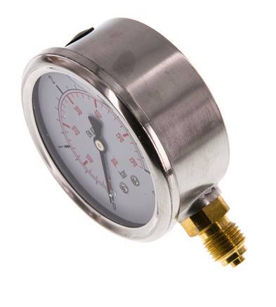 0..4 Bar (0..58 psi) Manómetro de glicerina Abajo Acero inoxidable/Latón 63 mm Clase 1.6