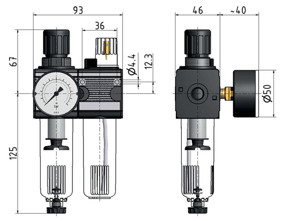 FRL 2 Partes G1/4'' 1200l/min 0.5-10.0bar/7-145psi Auto Policarbonato Multifix 1