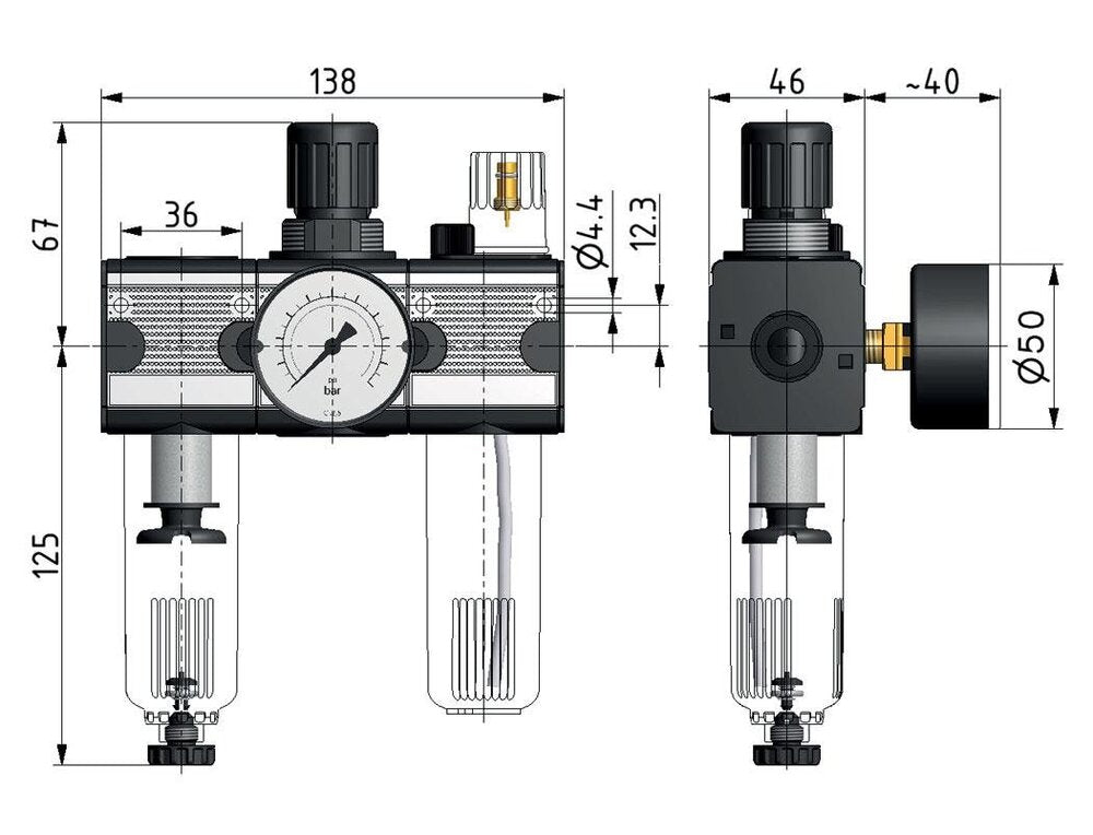 FRL 3 Partes G1/4'' 1200l/min 0.5-10.0bar/7-145psi Jaula Protectora Automática Policarbonato Multifix 1