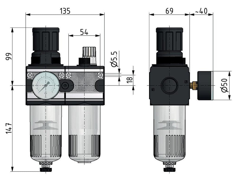 FRL 2 Partes G3/4'' 5800l/min 0.1-3.0bar/1-44psi Semi-Automático Policarbonato Multifix 2