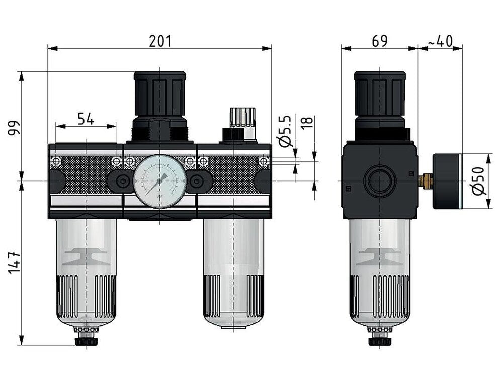 FRL 3 Partes G1/2'' 5800l/min 0.5-10.0bar/7-145psi Auto Metal Multifix 2